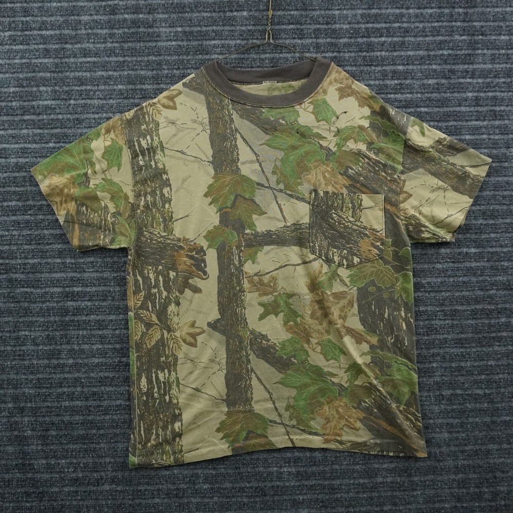 Realtree Camouflage Pocket T-Shirt Mens S Brown Green Single Stitch Vintage